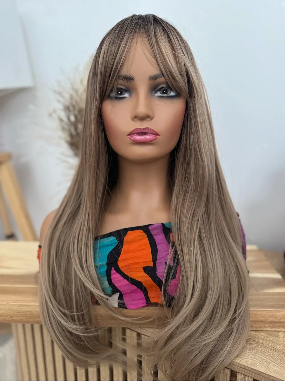 Long Layered Brown Ash Blonde Balayage Side Bangs - Natural Look